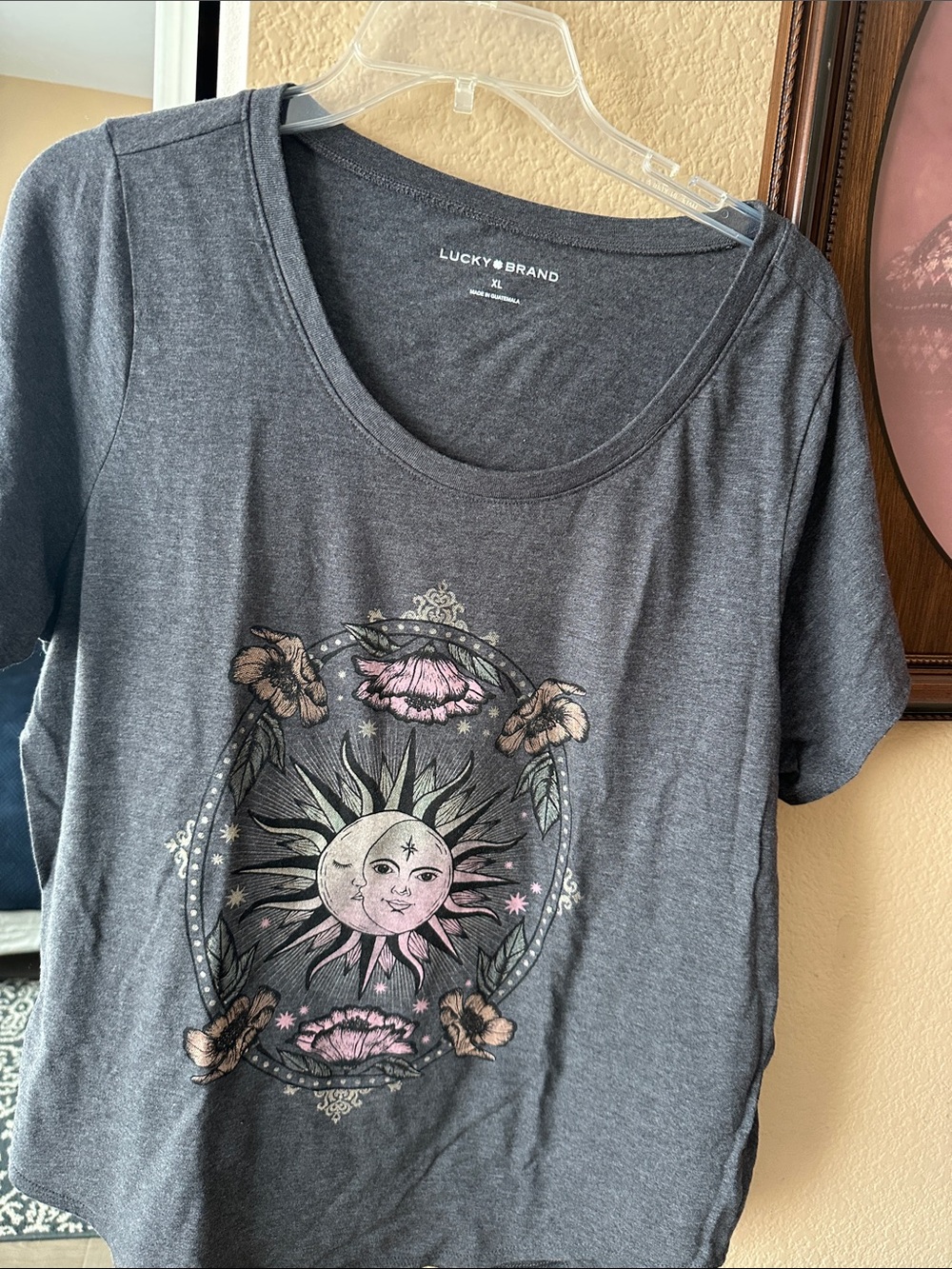 Lucky Brand Charcoal Tee with Sun & Moon Graphic and Pink Floral Accents